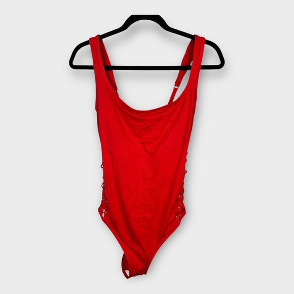 La Blanca size Medium 8 10 Lace Up Grommet One Piece Swimsuit Bathing Suit Red - Picture 2 of 7